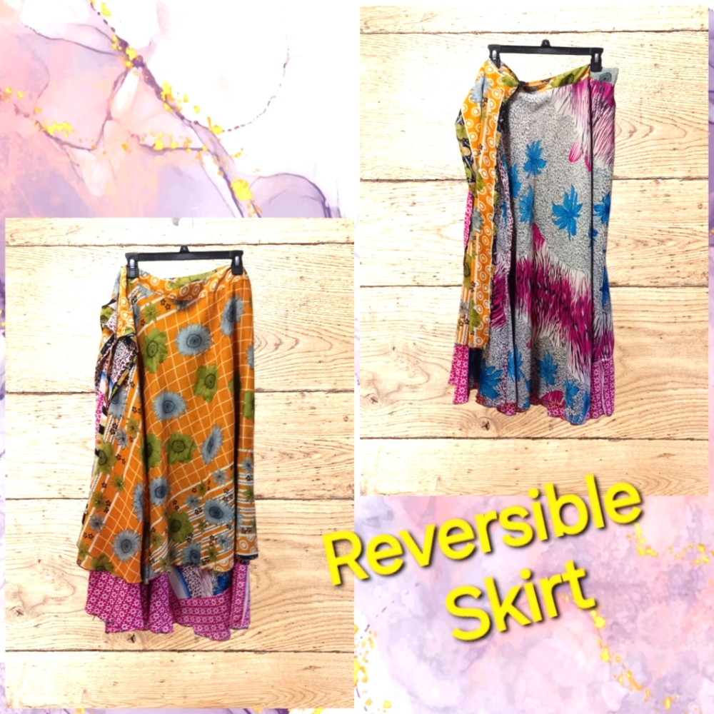 - Multicolor Patterned Reversible Wrap Skirt - Picture 1 of 4